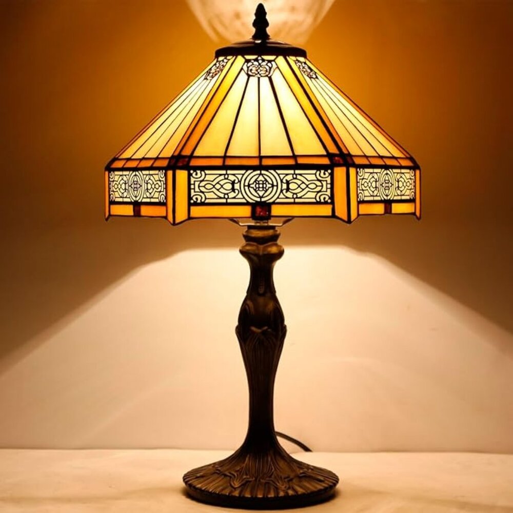 Tiffany Style Lamp Yellow Hexagon Handmade Stained Glass Mission Style Light